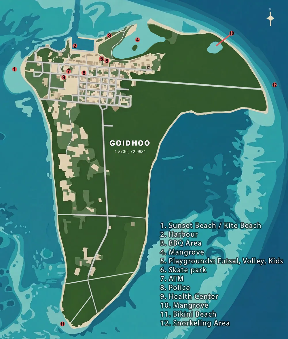 Map of Goidhoo Island and nearby area